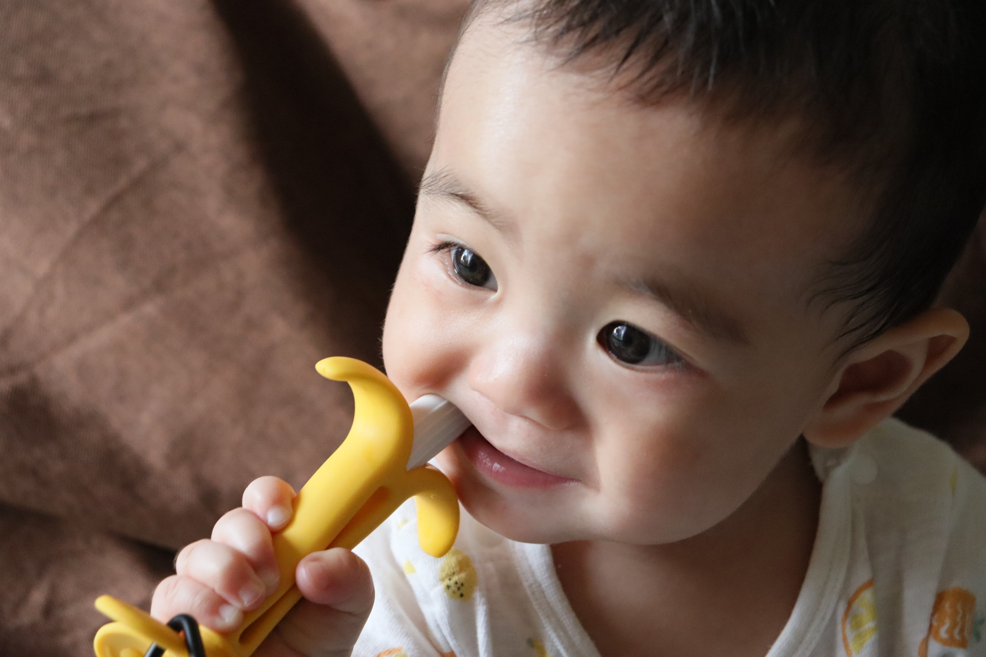 歯固めをくわえる赤ちゃん