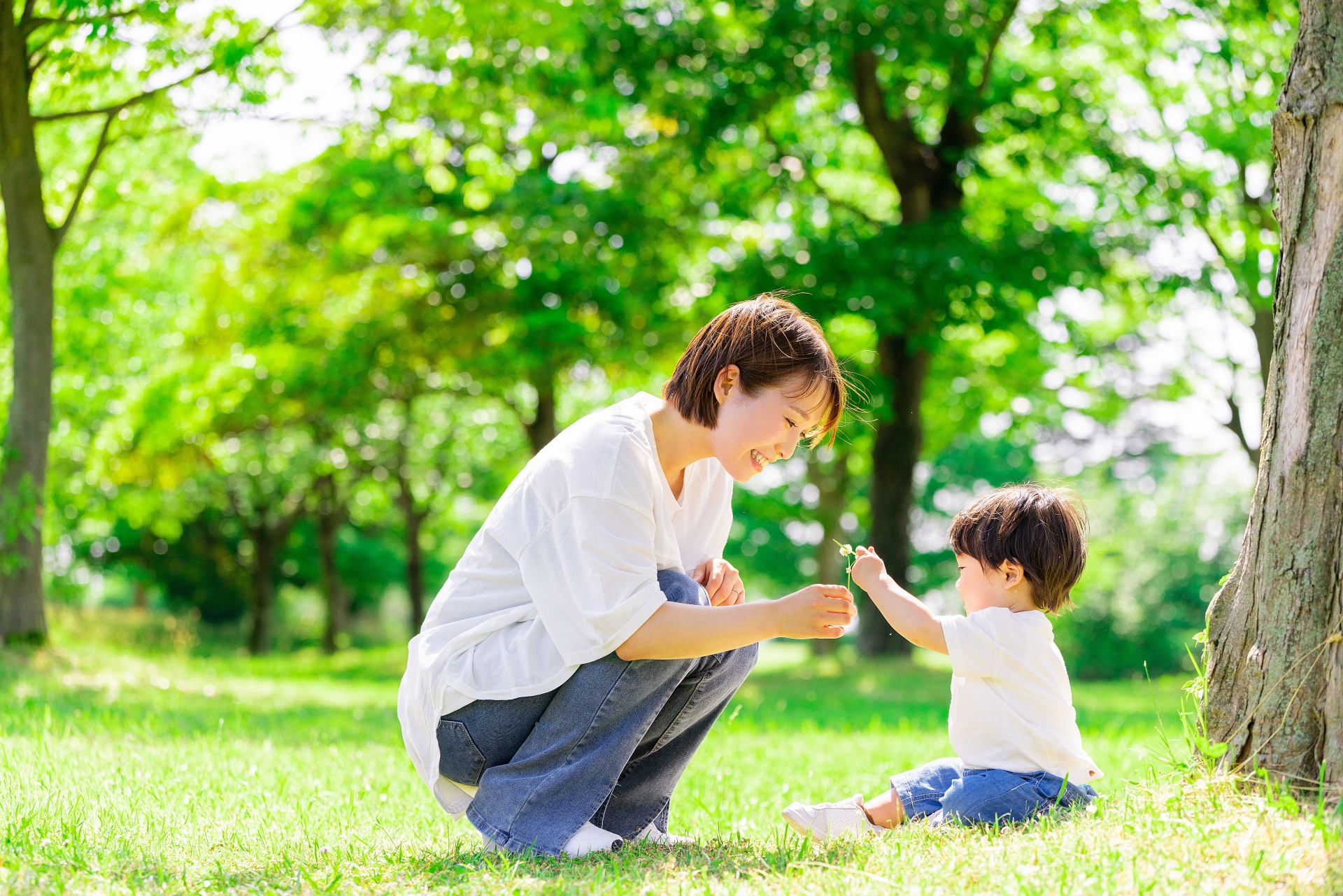公園で遊ぶ親子